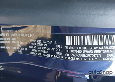 2021 Alfa Romeo Stelvio Ti Awd из США, поврежденный, VIN ZASPAKBN3M7D17372